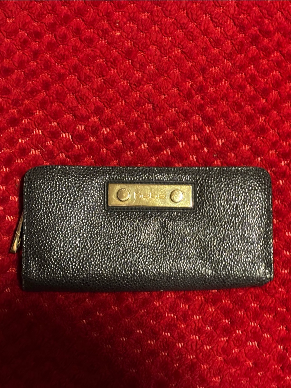 bebe Black Leather Zip Phone Wallet with Gold Plate